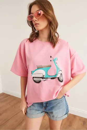 Kadın Pembe Motosiklet Baskılı 2 İp Rahat Kalıp Tişört TSH-19000850 - Pembe - OLALOOK (1)