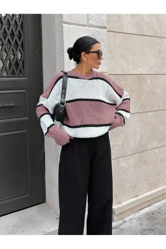 Kadın Pembe Ortası Beyaz Çizgili Over size Kazak, çizgili7889-Pembe - 1