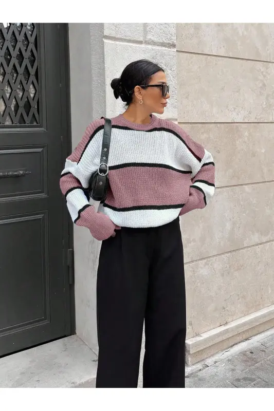 Kadın Pembe Ortası Beyaz Çizgili Over size Kazak, çizgili7889-Pembe - DIER MODA