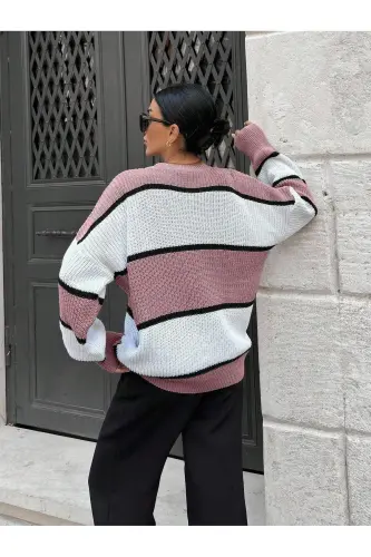 Kadın Pembe Ortası Beyaz Çizgili Over size Kazak, çizgili7889-Pembe - DIER MODA (1)