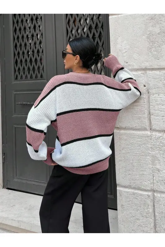 Kadın Pembe Ortası Beyaz Çizgili Over size Kazak, çizgili7889-Pembe - 2