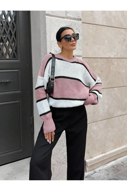 Kadın Pembe Ortası Beyaz Çizgili Over size Kazak, çizgili7889-Pembe - 4