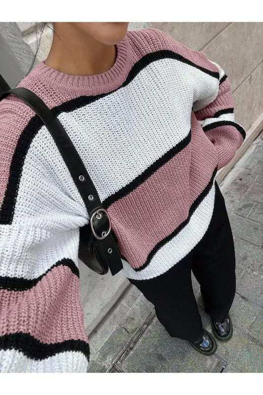 Kadın Pembe Ortası Beyaz Çizgili Over size Kazak, çizgili7889-Pembe - 5