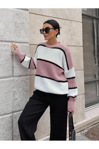 Kadın Pembe Ortası Beyaz Çizgili Over size Kazak, çizgili7889 - Pembe - 3