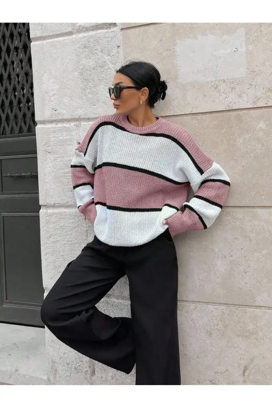 Kadın Pembe Ortası Beyaz Çizgili Over size Kazak, çizgili7889 - Pembe - 6