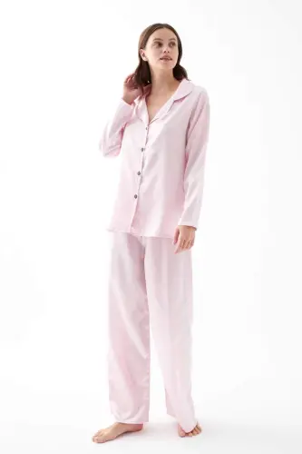 Kadın Pembe Oversize Saten Pijama Takımı - 4
