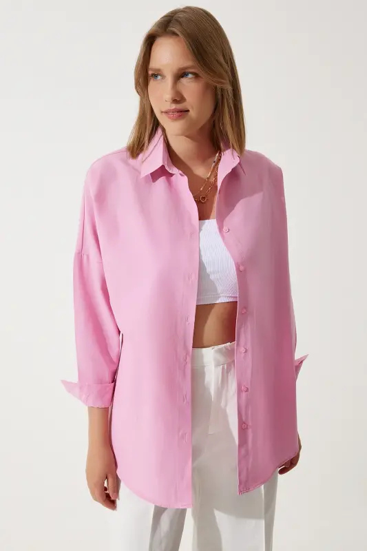 Kadın Pembe Oversize Uzun Basic Gömlek DD00842 - Pembe - 1