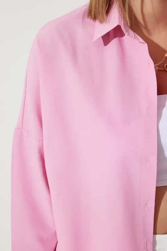 Kadın Pembe Oversize Uzun Basic Gömlek DD00842 - Pembe - 3