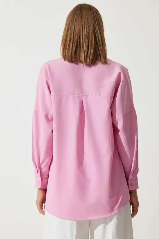 Kadın Pembe Oversize Uzun Basic Gömlek DD00842 - Pembe - 4