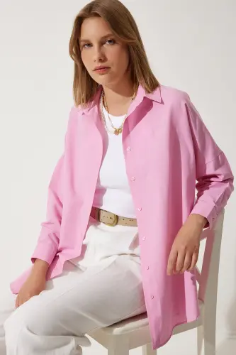Kadın Pembe Oversize Uzun Basic Gömlek DD00842 - Pembe - 5