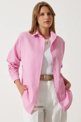 Kadın Pembe Oversize Uzun Basic Gömlek DD00842 - Pembe - 6