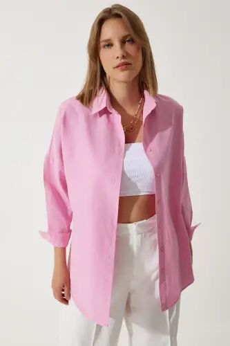 Kadın Pembe Oversize Uzun Basic Gömlek DD00842 - Pembe - HAPPINESS İSTANBUL (1)