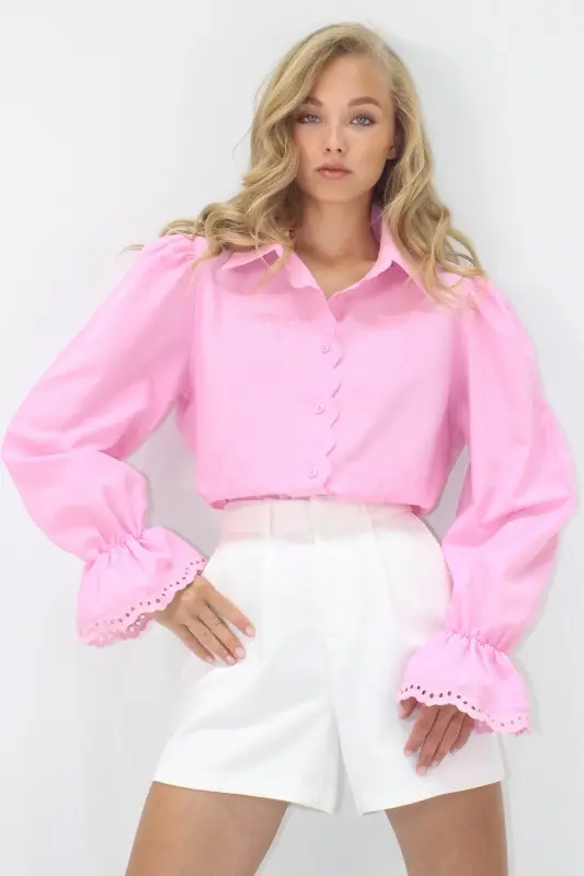 Kadın Pembe Prenses Kol Güpür Nakışlı Dokuma Gömlek Alc-X7829-PEMBE - 1