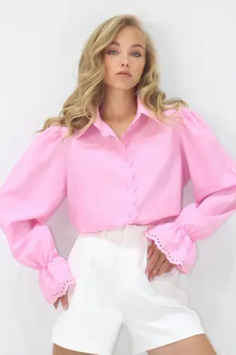 Kadın Pembe Prenses Kol Güpür Nakışlı Dokuma Gömlek Alc-X7829-PEMBE - 2
