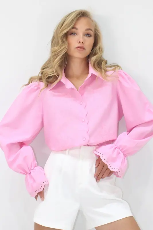 Kadın Pembe Prenses Kol Güpür Nakışlı Dokuma Gömlek Alc-X7829-PEMBE - 2