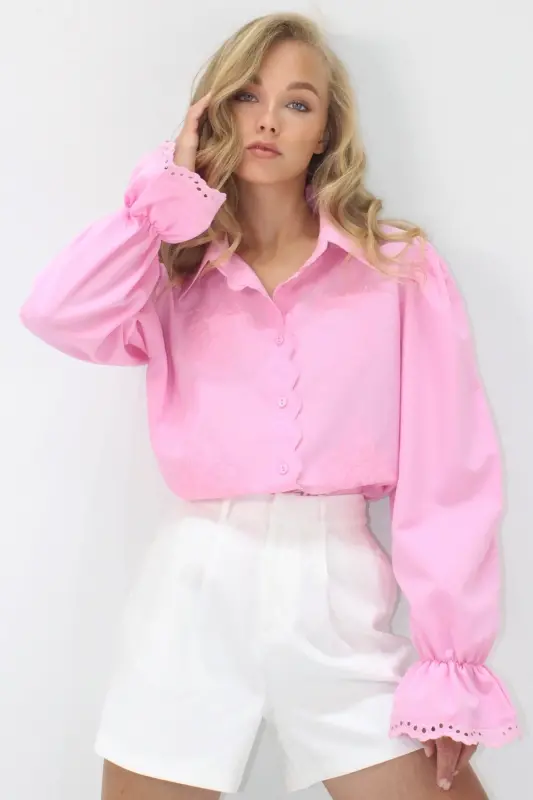 Kadın Pembe Prenses Kol Güpür Nakışlı Dokuma Gömlek Alc-X7829-PEMBE - 3