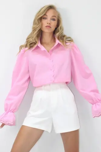 Kadın Pembe Prenses Kol Güpür Nakışlı Dokuma Gömlek Alc-X7829-PEMBE - 4