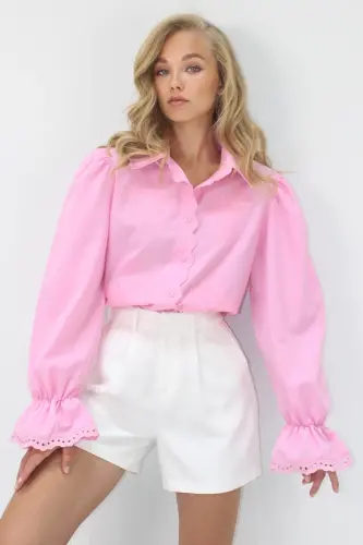 Kadın Pembe Prenses Kol Güpür Nakışlı Dokuma Gömlek Alc-X7829-PEMBE - 5