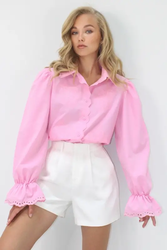 Kadın Pembe Prenses Kol Güpür Nakışlı Dokuma Gömlek Alc-X7829-PEMBE - 5