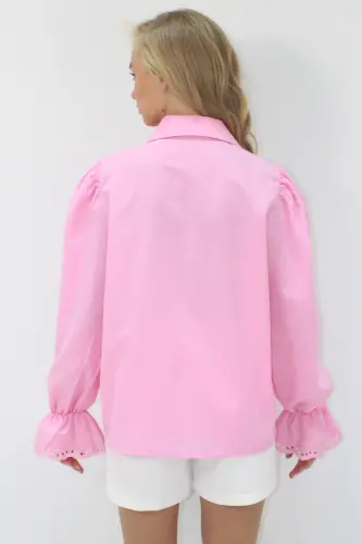 Kadın Pembe Prenses Kol Güpür Nakışlı Dokuma Gömlek Alc-X7829-PEMBE - 6