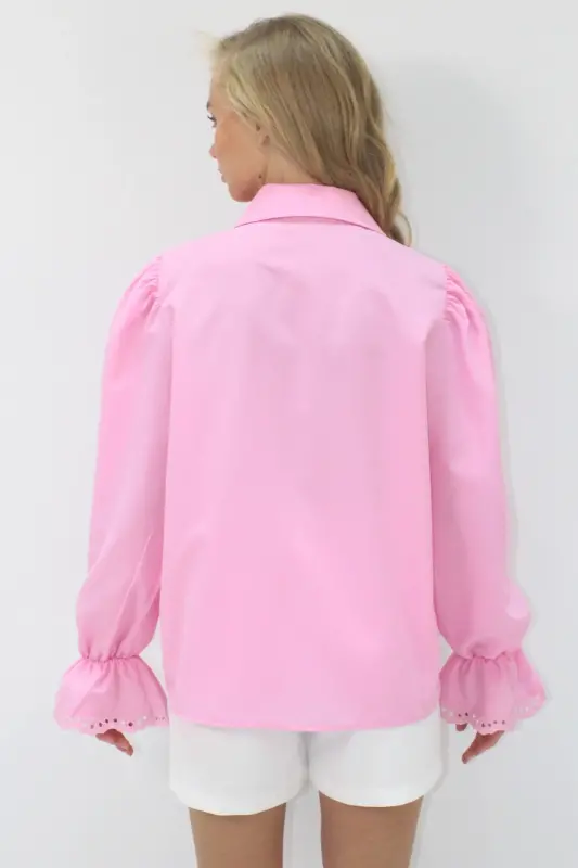 Kadın Pembe Prenses Kol Güpür Nakışlı Dokuma Gömlek Alc-X7829-PEMBE - 6