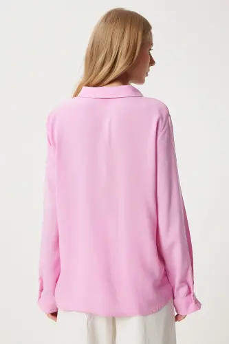 Kadın Pembe Rahat Kalıp Viskon Gömlek TO00153 - Pembe - 4