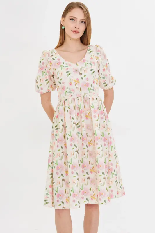 Kadın Pembe U Yaka Kolları Lastikli Beli Büzgülü Midi Boy Elbise ARM-25Y001003-Pembe - 2