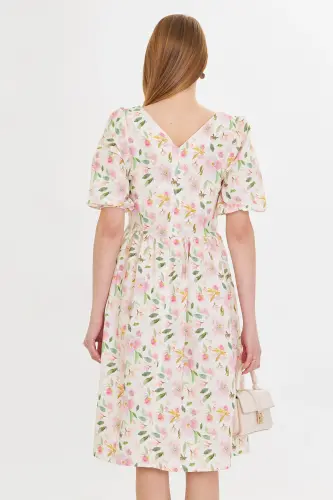 Kadın Pembe U Yaka Kolları Lastikli Beli Büzgülü Midi Boy Elbise ARM-25Y001003-Pembe - 5