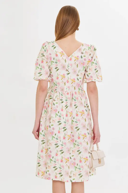 Kadın Pembe U Yaka Kolları Lastikli Beli Büzgülü Midi Boy Elbise ARM-25Y001003-Pembe - 5