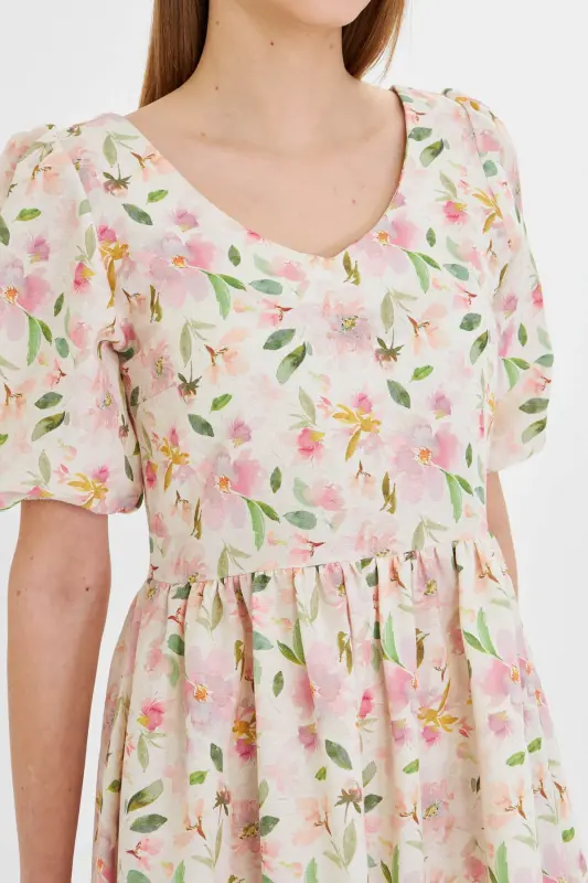 Kadın Pembe U Yaka Kolları Lastikli Beli Büzgülü Midi Boy Elbise ARM-25Y001003-Pembe - 4