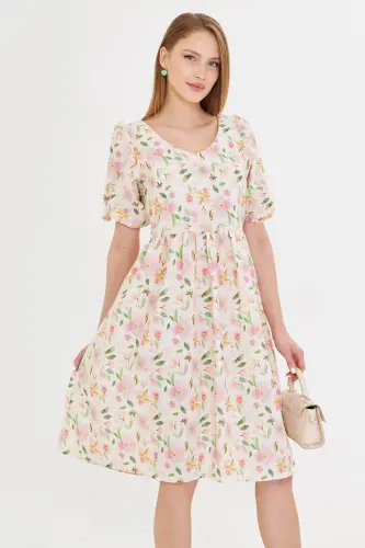 Kadın Pembe U Yaka Kolları Lastikli Beli Büzgülü Midi Boy Elbise ARM-25Y001003-Pembe 