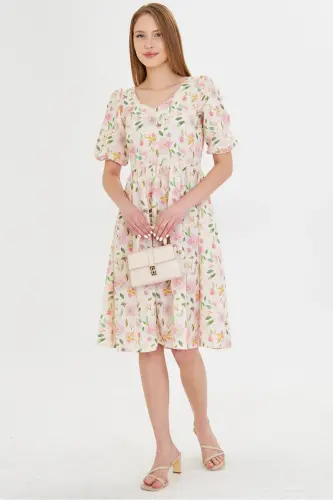 Kadın Pembe U Yaka Kolları Lastikli Beli Büzgülü Midi Boy Elbise ARM-25Y001003-Pembe - 3