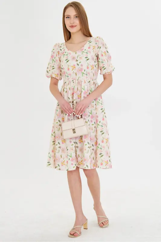 Kadın Pembe U Yaka Kolları Lastikli Beli Büzgülü Midi Boy Elbise ARM-25Y001003-Pembe - 3