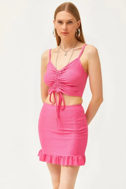 Kadın Pembe Üst Büzgülü Bluz Alt Mini Etek Takım TKM-19000285 - Pembe - 2
