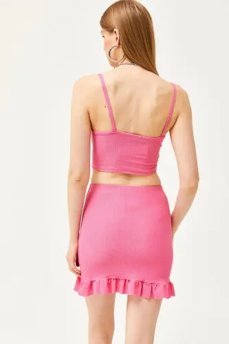 Kadın Pembe Üst Büzgülü Bluz Alt Mini Etek Takım TKM-19000285 - Pembe - 4