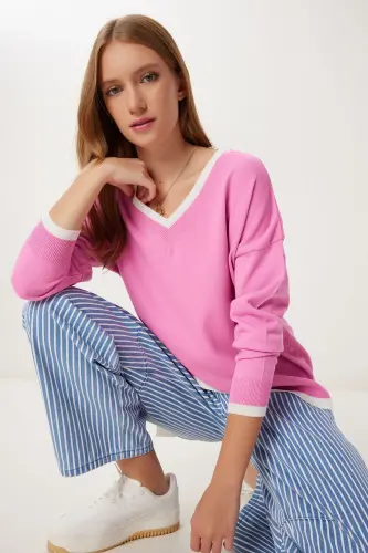 Kadın Pembe V Yaka Oversize Triko Kazak BV00081 - 1