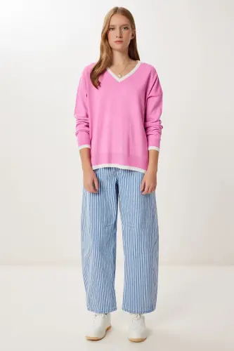 Kadın Pembe V Yaka Oversize Triko Kazak BV00081 - 4