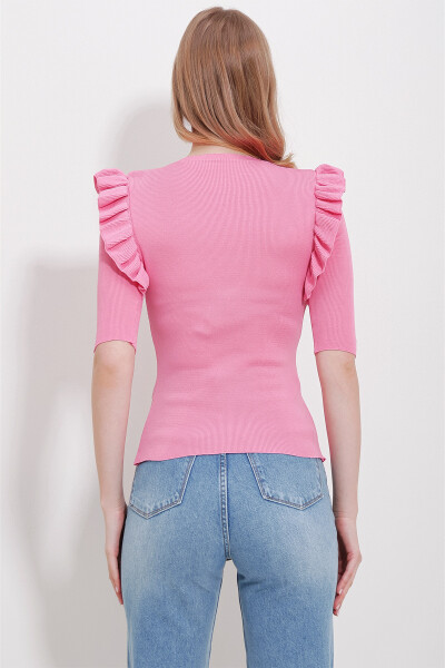 Pembe V Yaka Kolları Fırfırlı Triko Bluz ALC-X11557 - PEMBE - 5