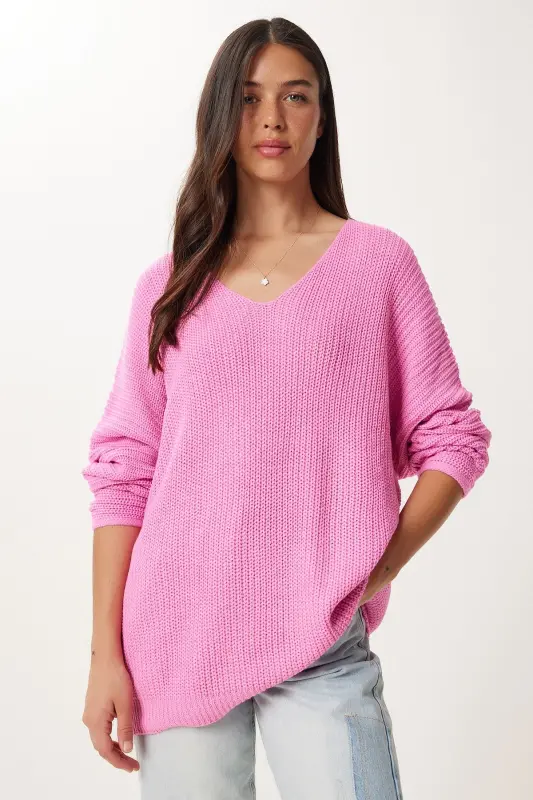 Kadın Pembe V Yaka Selanik Örgü Oversize Triko Kazak ZA00059 - Pembe - 3