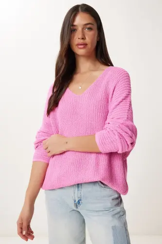 Kadın Pembe V Yaka Selanik Örgü Oversize Triko Kazak ZA00059 - Pembe - 4