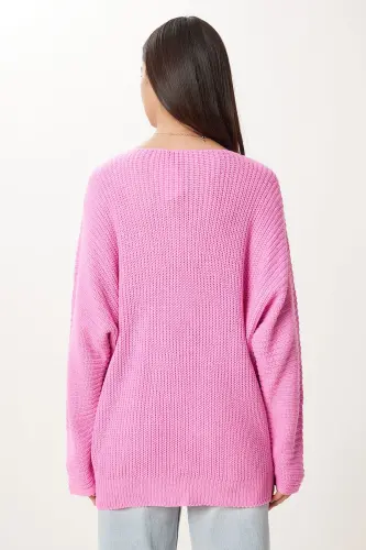 Kadın Pembe V Yaka Selanik Örgü Oversize Triko Kazak ZA00059 - Pembe - 6