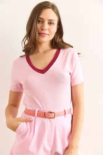 Kadın Pembe V Yaka Yumuşak Dokulu Bluz BLZ-19003021-Pembe - 5