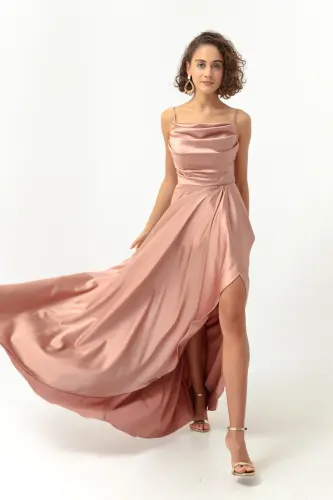 Kadın Pembe Volanlı Yırtmaçlı Saten Abiye & Mezuniyet Elbisesi-Pembe 