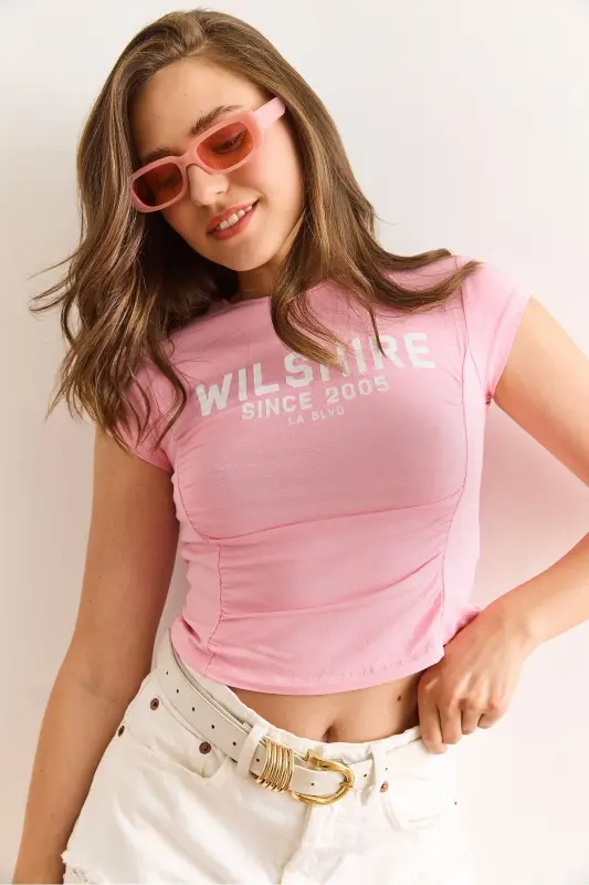 Kadın Pembe Willshire Baskılı Büzgü Detaylı Likralı Pamuk Tişört TSH-19000923 - Pembe - 3
