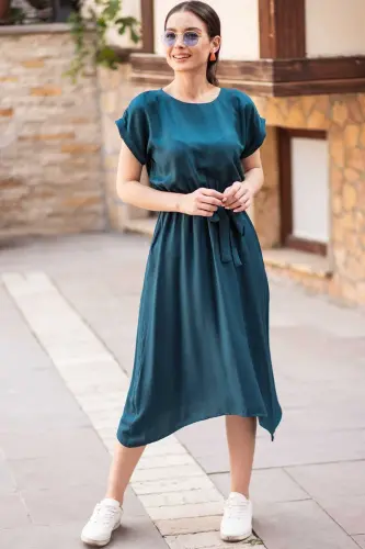 Kadın Petrol Beli Lastikli Bağlamalı Elbise ARM-19Y001060-PETROL 