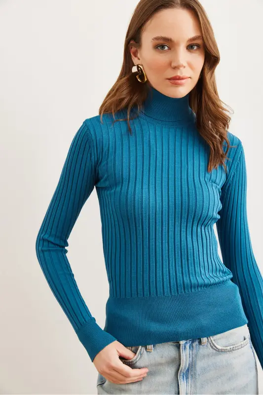 Kadın Petrol Mavisi Balıkçı Yaka Kalın Fitili Triko Kazak KZK-19000872-Petrol Mavisi - 2
