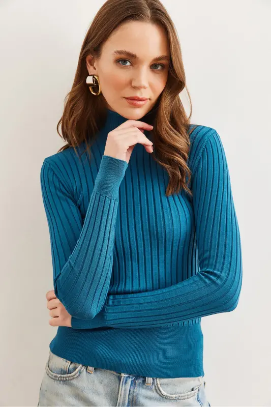 Kadın Petrol Mavisi Balıkçı Yaka Kalın Fitili Triko Kazak KZK-19000872-Petrol Mavisi - 3