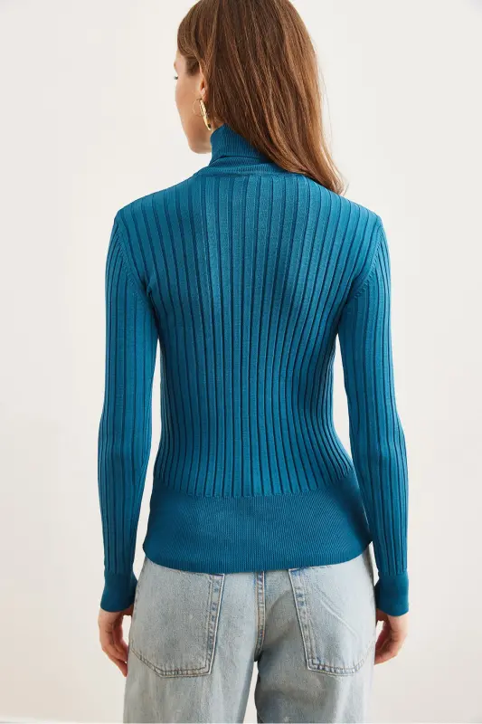 Kadın Petrol Mavisi Balıkçı Yaka Kalın Fitili Triko Kazak KZK-19000872-Petrol Mavisi - 5