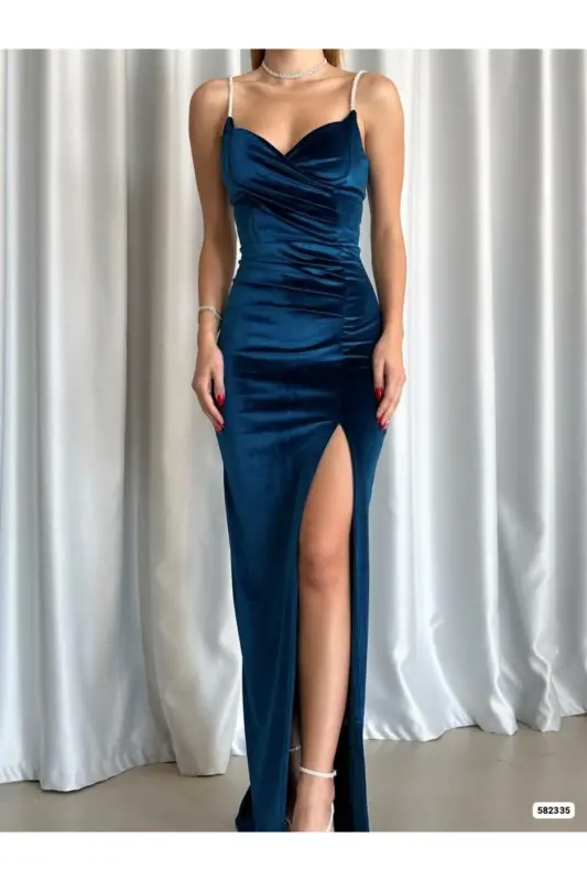 Kadın Petrol Mavisi Taş Askılı Yırtmaçlı Kadife Kumaş Abiye Elbise Nişan Düğün Mezuniyet Elbisesi-Petrol mavisi - 2