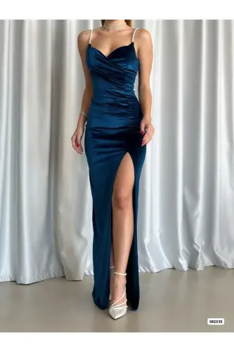 Kadın Petrol Mavisi Taş Askılı Yırtmaçlı Kadife Kumaş Abiye Elbise Nişan Düğün Mezuniyet Elbisesi-Petrol mavisi - 3